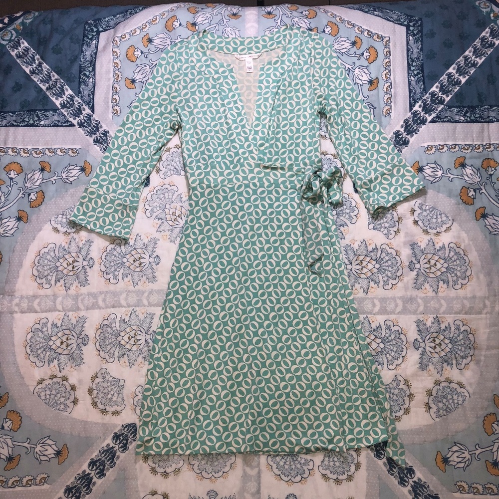 DVF Melicent Green O Print 3/4 Sleeve Wrap Dress - Picture 5 of 8